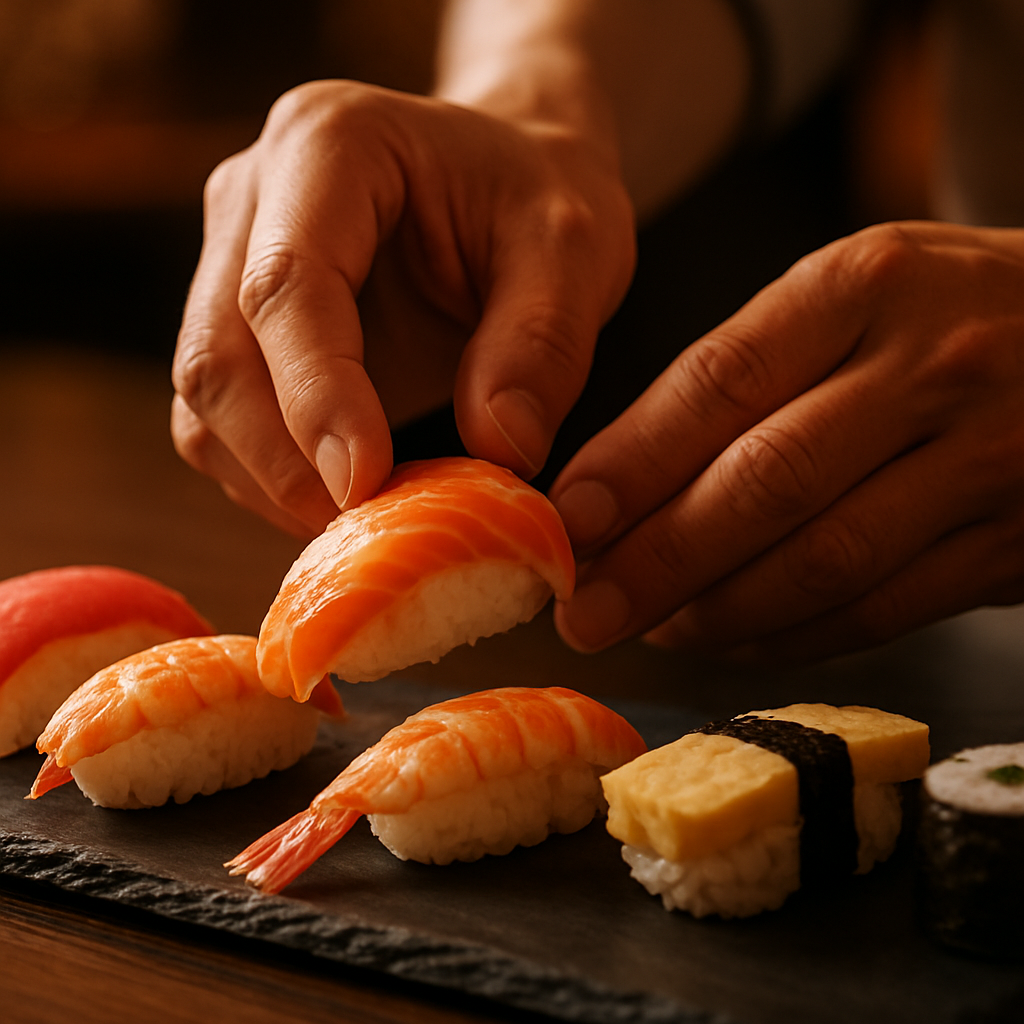 Sushi chef hands carefully placing fresh salmon nigiri