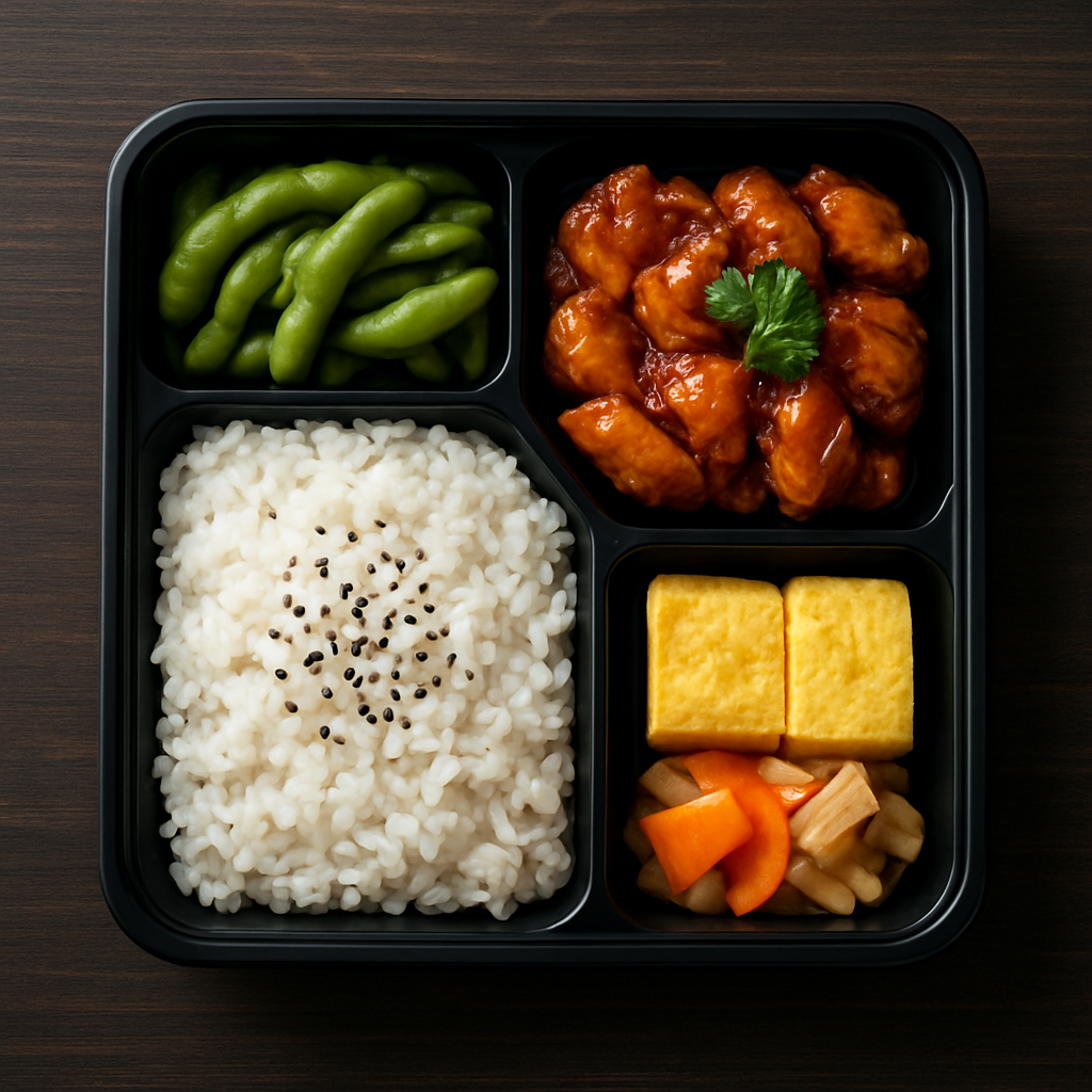 Japanese bento box with rice, teriyaki chicken, egg and vegetables