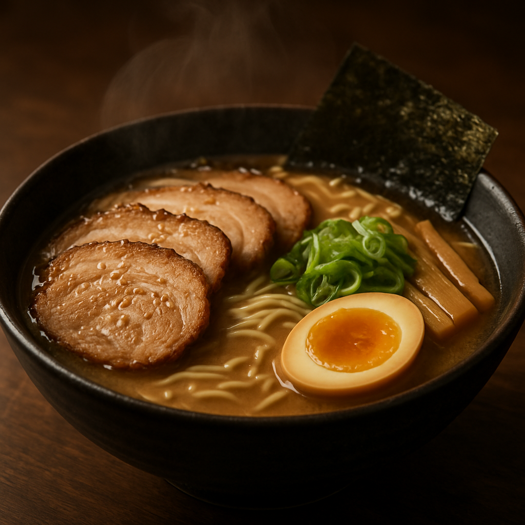 Steaming bowl of tonkotsu ramen with chashu pork and soft-boiled egg