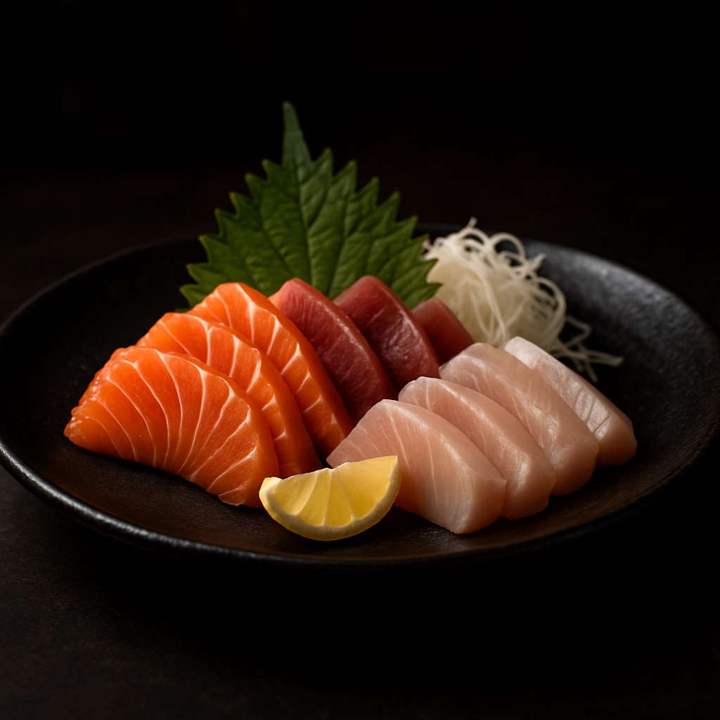 Premium sashimi platter with salmon, tuna and yellowtail slices
