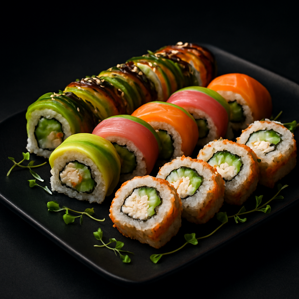 Premium sushi rolls artfully plated on a black plate